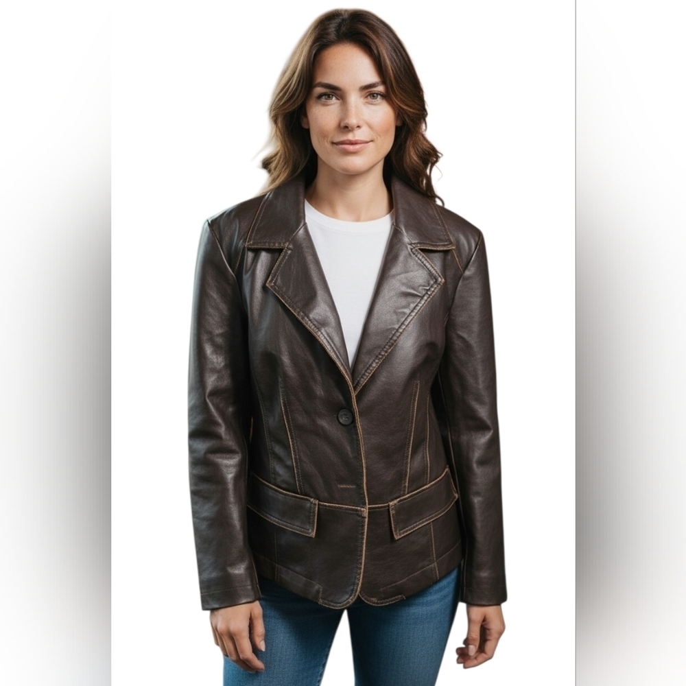 Vintage RVT Vegan Leather Heritage Blazer Jacket. Brown/contrast Stich. Size LG